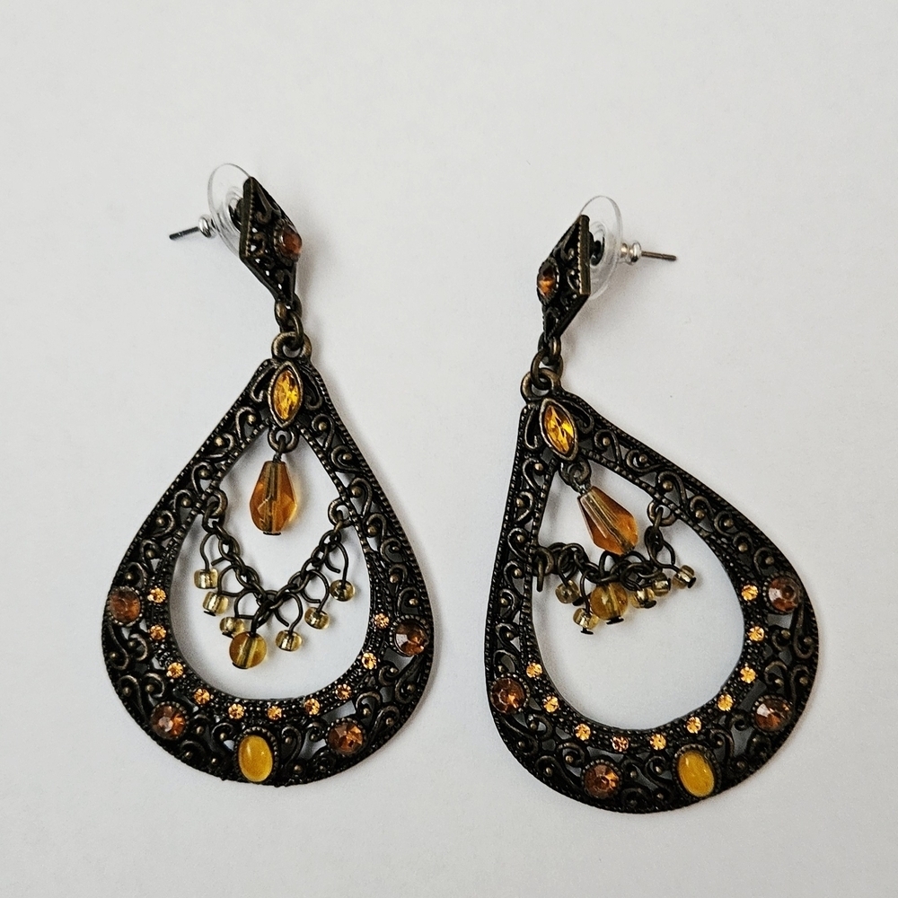 Vintage Victorian Rinestone Elegant Gold and Orange Teardrop Earrings